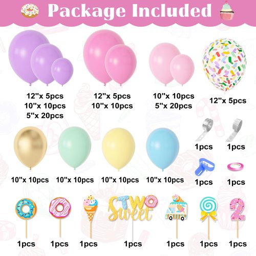 Amandir 145 Pcs Two Sweet Birthday Decorations, Donut Birthday Party Supplies for Girls Two Sweet Banner Donut Balloon Garland Kit Cake Topper Swirls for Ice Cream Baby Second 2nd Birthday Party Decor