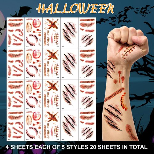 Halloween Wound Horror Fake Bloody Cuts Waterproof Temporary Tattoo Sticker, 20 pcs Body Realistic Face Scar Scab Stitches Halloween Makeup Kit, Fake Cuts for Halloween Masquerade Prank Makeup Props