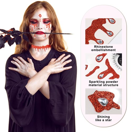 Vampire Face Jewels Stickers Halloween Vampire Costume Cosplay Face Decoration Vampire Accessories Vampire Scary Blood Face Stickers Halloween Costumes for Adult Kids-2Packs