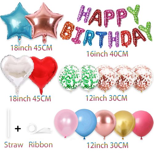 WEIKA 27 Pcs Rainbow Birthday Decorations, 3D Foil Rainbow Happy Birthday Balloon Banner, Pentagram Heart Foil Balloons Confetti Balloons Kit For Boys Girls Birthday Party Supplies