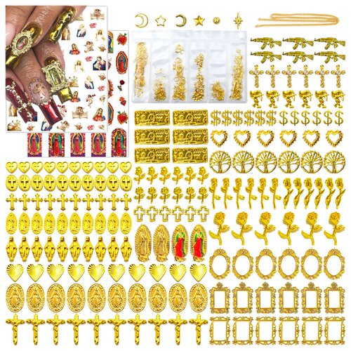 Gehaiwo 186PCS Gold Nail Charms for Acrylic Nails,Alloy Cross Rose Flower Heart Angel Frame Gun Nail Decoration,Nail Art Rhinestone Nail Jewels Accessories for Nail Art Supplies DIY Nail