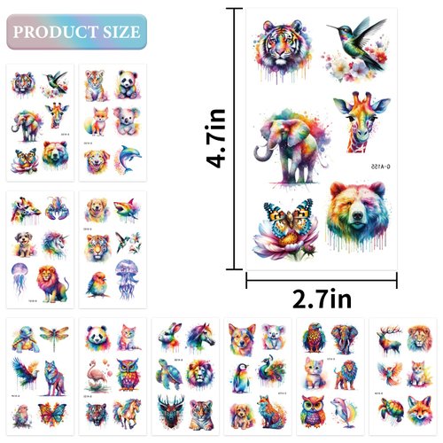 JoyfulGlam 60 PCS Watercolor Animal Temporary Tattoo For Kids Cute Lion Tiger And Horse Tattoos Stickers Birthday Party Supplies For Girls Boy Body Art