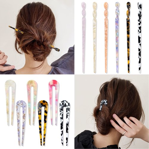 Dizila 12 Pack Retro Vintage Chinese Leopard Print Acetate Hair Sticks Chopsticks Forks & Tortoise Shell U-shaped Hair Pins Accessories for Women Girls Updos Buns