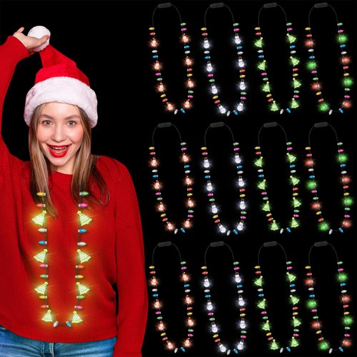 12PCS Christmas Necklace, Christmas Party Favors for Kids, Colorful Light Up Christmas Necklace, 3 Modes Christmas Accessories with Snowmen Santa Claus Christmas Lights Necklace Ugly Sweater Party