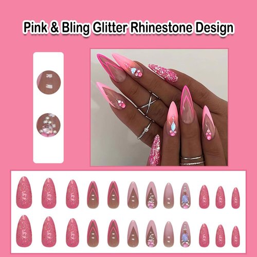 ANDGING Pink French Tip Press on Nails Almond Short Medium Glue on Nails with Bling Glitter Rhinestone Design Fake Nails for Wedding Gel Acrylic False Nails Women Manicure Stick on Nail with Glue C6L
