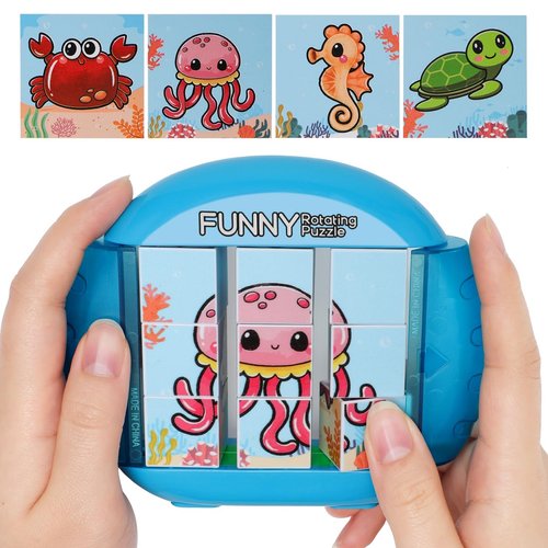Fullware Rotating Puzzle for Kids 3 4 5 6 7 8 Year Old, 4 Puzzles in 1, Toddlers Travel, Car, Airplane, Road Trip Activities, Fine Motor Skills, Fidget, Gift for Boys & Girls Ages 3+(Sea World)