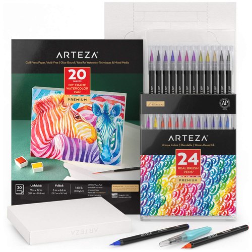 Arteza Watercolor Painting Art Set, Real Brush Pens 24 and Foldable Canvas Paper Bundle, DIY Kit Art Supplies for Artists & Hobby Painters