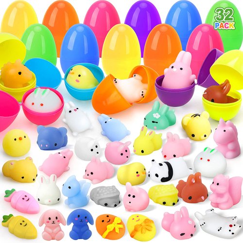 TOY Life 32 Pack Plastic Prefilled Easter Eggs with Mochi Squishy Toys Inside for Kids Boys Girls, Easter Basket Stuffers for Toddler Kids Easter Egg Fillers with Toys Small Easter Toy Bulk Classroom