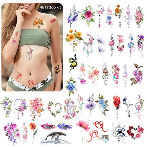 Roarhowl 46 pattern Fun tattoo, Flower Temporary Tattoos, Fake Tattoos for Women Girls 16 Sheets