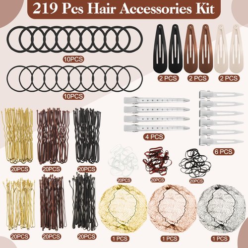 219 Pcs Hair Accessories Kit - Bobby Pins Bun Hair Nets U Shaped Hair Pins Metal Hair Clips Hair Rubber Bands for Women Girls Travel Ballet Dance Stuff with Organizer Box