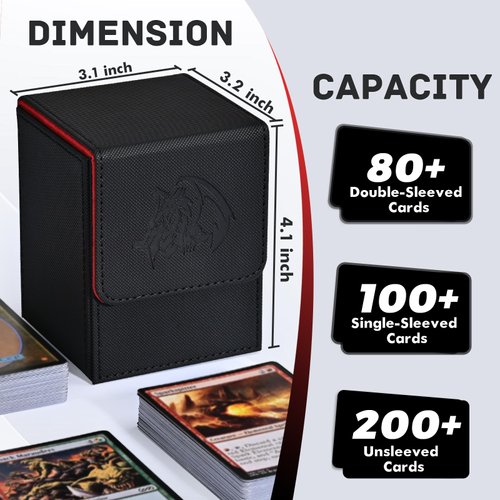 ZLCA Card Deck Box for Trading Cards with 2 Dividers, Card Storage Box Fits 100+ Single Sleeved Cards, PU Leather Card Deck Case Holder for Magic Commander TCG CCG （Black&Red,Emperor Dragon）