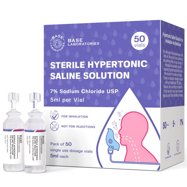 Base Labs 7% Hypertonic Saline Solution for Nebulizer Machine | Sterile Saline Solution for Inhalation| Helps with Respiratory Treatments, Clears Lungs, Mucus & Congestion l 50 Vials 5ml Unit Dose