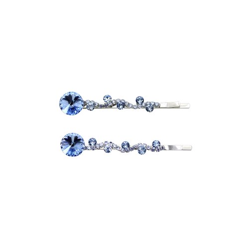 Faship A Pair Of Light Blue Premium Rhinestone Crystal Floral Hair Clips 2 Pcs Pins - Light Blue