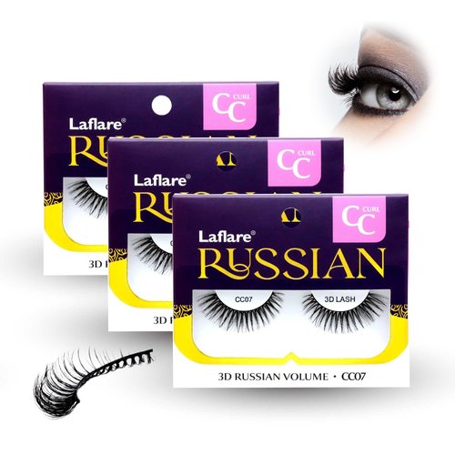 Laflare 3D False Eyelashes Russian volume Strip Lashes | Fluffy, Wispy, Lightweight | Faux Mink Eyelashes Extension C Curl Wispy Handmade Soft Reusable 3 Packs Value Combo. (FCC07X3C)
