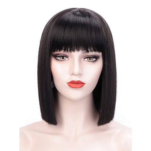 Juziviee Short Black Wigs for Women Costume 12'' Black Bob Wig with Bangs Cute Natural Soft Hair Wigs for Daily Party AD016BK1