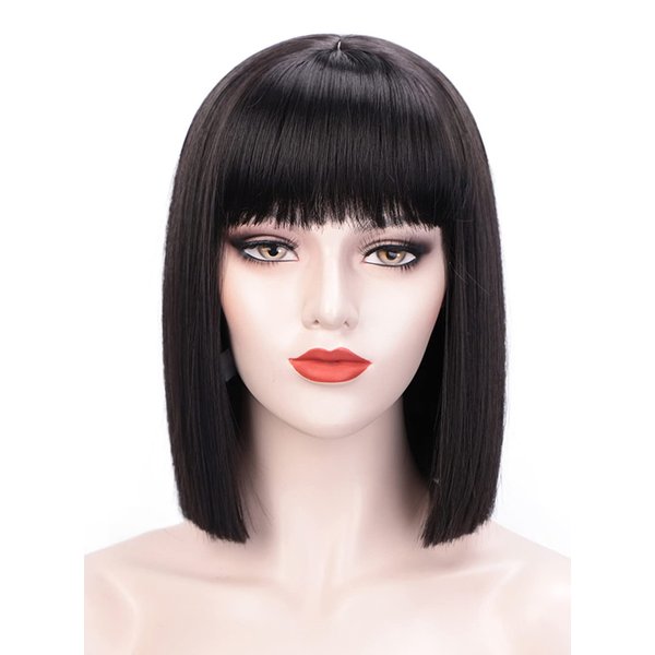Juziviee Short Black Wigs for Women Costume 12'' Black Bob Wig with Bangs Cute Natural Soft Hair Wigs for Daily Party AD016BK1