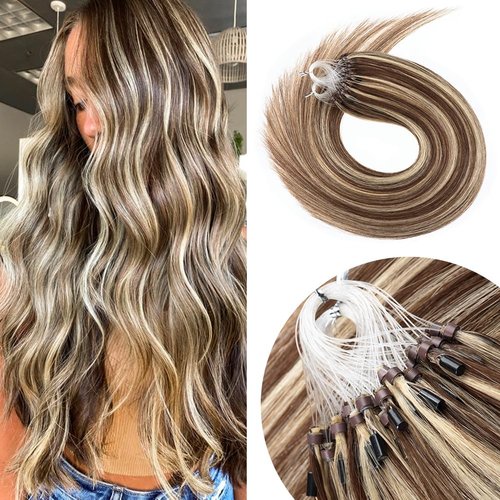 Senmy Micro Bead Hair Extensions Remy Human Hair 20inch Brown mix Blonde Hair Extensions Beads 1g/strand 50g Silky Straight Real Microlink Human Hair Extensions For Black Women