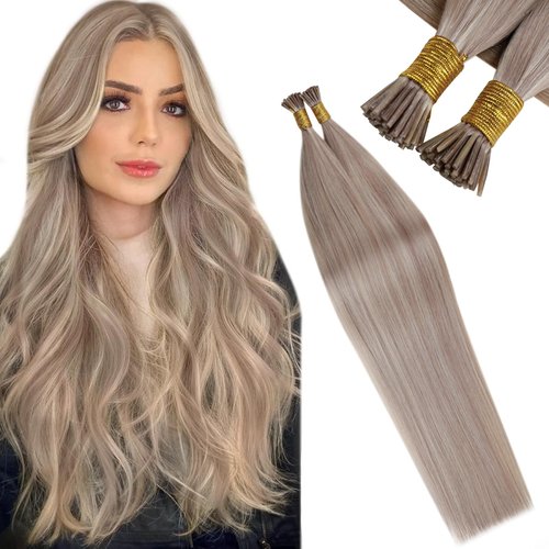 LaaVoo I Tip Hair Extensions Human Hair Ash Blonde Itip Hair Extensions Short Hair Remy Human Hair Extensions I Tip 14in 40g/50s