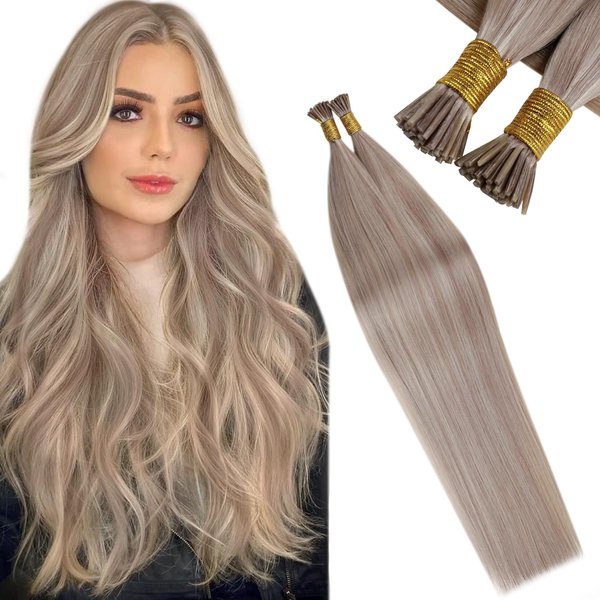 LaaVoo I Tip Hair Extensions Human Hair Ash Blonde Itip Hair Extensions Short Hair Remy Human Hair Extensions I Tip 14in 40g/50s