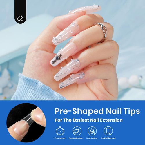 Beetles Acrylic Nails Kit 500Pcs Long Coffin Pre-Shaped Clear Full Cover Soft False Nails with Nail Glue, Nail Tips Soak Off Easy Nail Extension Set for DIY Nails Art Home Gift for Women
