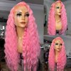 QMSSR Pink Lace Front Wigs Synthetic Long Wavy Hair Glueless Lace Front Wigs for Fashion Women Pastel Pink Synthetic Lace Front Wigs Pre Plucked Natural Hairline