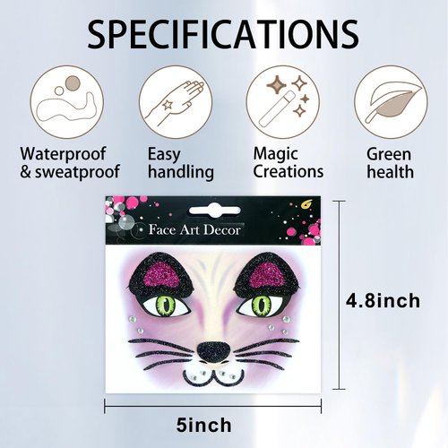 Cute Cat Face Stickers Animal Face Gems Stickers Purple Pink Glitter Cat Temporary Face Sticker White Diamond Face Art Stickers Design Party Face/Eye/Body Art Accessories for Adults Children (04)