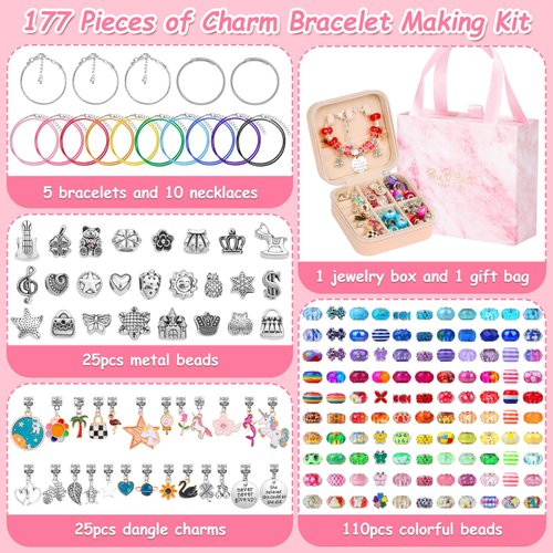 Thrilez 177Pcs Jewelry Making Kit, Charm Bracelet Making Kit, DIY Arts and Crafts Gifts with Jewelry Organizer Box for Birthday, Christmas, Necklace Making Set