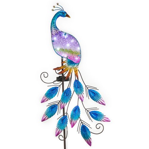 TERESA'S COLLECTIONS Garden Decor Purple Peacock with Solar Outdoor Lights for Outside, 40" Glass Yard Art for Outdoor Decor, Decorative Metal Stake for Yard Decor, Housewarming Gifts for Christmas
