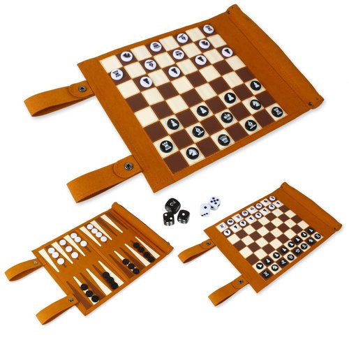 Andux Rollable Backgammon Board Game Microfiber Portable Chess Set PGSLQ-01 (3-in-1 Chess - Brown)