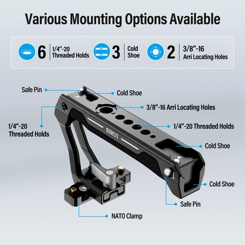 SIRUI NATO Top Handle, Lightweight Silicone Grip Top Handle with NATO Rail for Camera Cage, Universal Top Handle with Cold Shoes, 1/4” Threads and 3/8” Arri Locating Threads, SC-TH