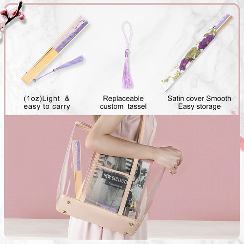 iPihsius Folding Fan, Slik Folding Hand fan with First Layer Bamboo, with Storage Bag, 2Pcs Tassels, For Cooling, Performances, Decorations, Gifts, Classic Ink Plum Gradient Violet