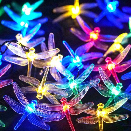 Solar Dragonfly String Light 30LED 21ft Garden Stake Lights Waterproof Outdoor Twinkle Fairy Lights with 8 Lighting Modes for Trees, Patio, Fence Christmas Decor (Multi-Colored)