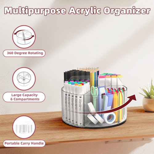 Absonic Acrylic Pen Holder Pencil Organizer, 360-Degree Rotating Pencil Holder, Crayon Organizers for Kids Marker Holder Caddy Art Supply Organizer for Desk, Kids Desk Organizer for Office Home School