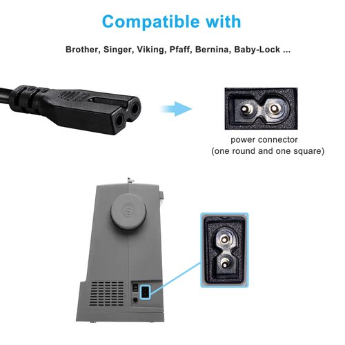 2 Prong Power Cord for Brother, Singer, Bernina, Baby-Lock, Viking, Pfaff Sewing Machine-6Ft Power Cable [UL Listed]