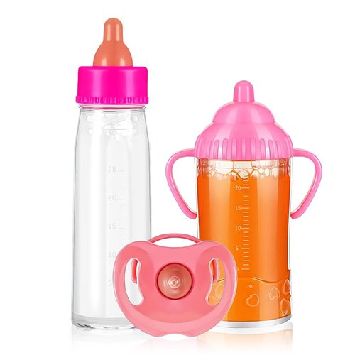 SCOM Magic Juice and Milk Nursing Bottle with Pacifier for Baby Doll Accessories, 3 Piece Pretend Play Feeding Toy Set for Age 4+ (Pink)