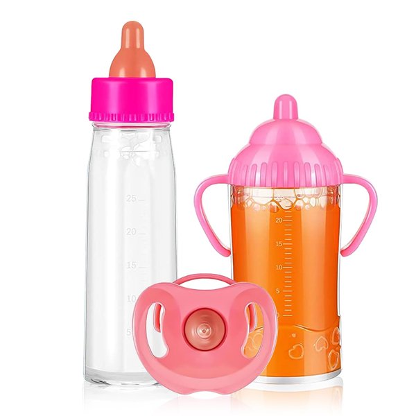 SCOM Magic Juice and Milk Nursing Bottle with Pacifier for Baby Doll Accessories, 3 Piece Pretend Play Feeding Toy Set for Age 4+ (Pink)