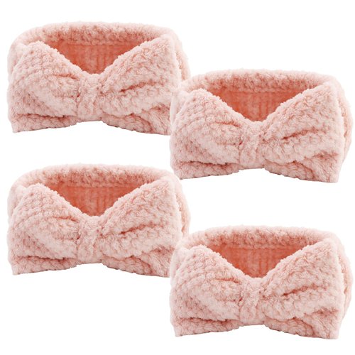 YISSION 4PCS Spa Headband with Bow No Slip Head Band for Face Wash Makeup Skincare Facial Headband Elastic Hair Band Microfiber Headbands for Women Girls (Pink)