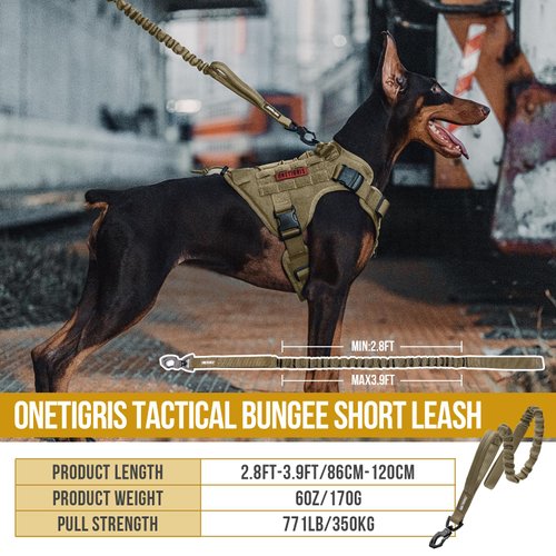 Bungee Dog Leash Tactical Dog Training Leash with 2 Control Handle Quick Release Nylon Leads Rope(Tan)