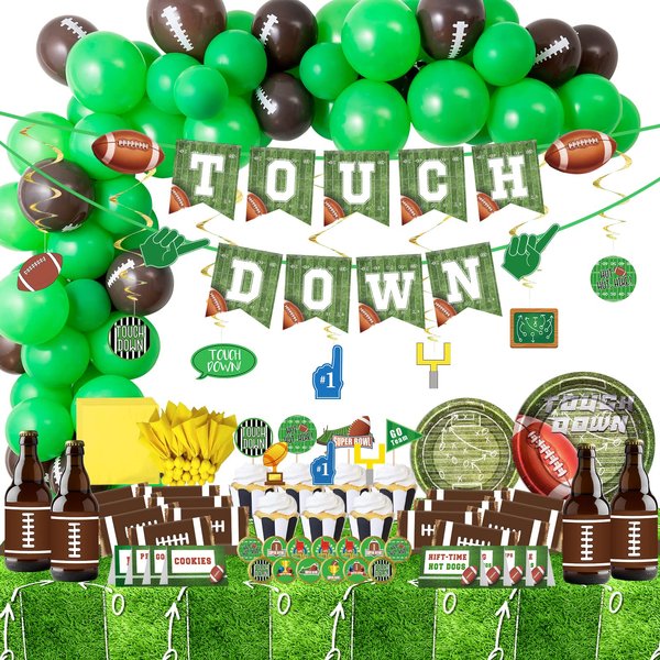 DMIGHT Football Party Supplies, 178 Pcs Set - Balloon, Plate, Cake Toppers, Napkin, Bottle Label, Sticker, Sign, Swirl Decoration, Banner, Tablecloth for Football Birthday Party Gameday Decorations
