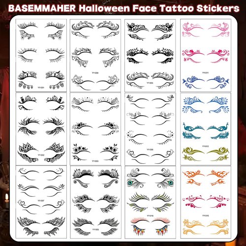 38 Pairs Halloween Face Eye Shadow Tattoo Stickers Eyeliner Decals Spider Web Skull Bat Face Makeup Temporary Tattoo Stickers for Women Girls Halloween Masquerade Carnival Party Eye Art Decoration