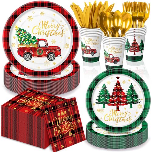175 PCS Christmas Party Supplies Christmas Tree Red and Green Plaid Disposable Paper Dinner Plates, Dessert Plates, Napkins, Cutlery for Merry Christmas Party Decorations, Serve 25