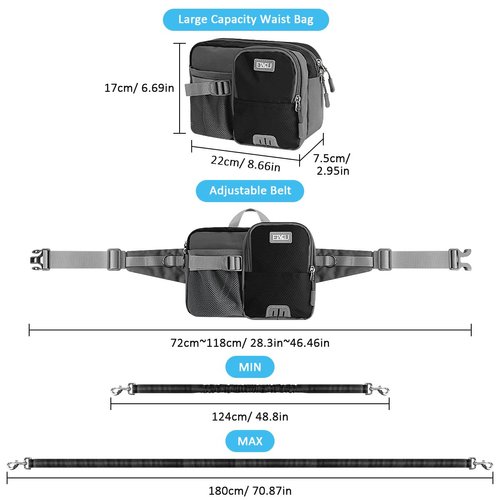 ETACCU Hands Free Dog Leash with Phone Pouch, Water Bottle Holder - Adjustable Waist Belt 19-38 Inch Belt Leash for Running, Reflective Shock Absorbing 37"-54" Extendable