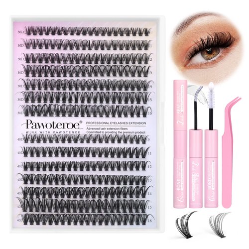 Pawotence Lash Clusters Kit Wispy 280pcs Lash Extension Kit with Clear Lash Bond and Seal, 9-16mm Cluster Eyelash Extension Kit Individual Lashes with Clear Lash Bond and Seal, Lash Tweezers