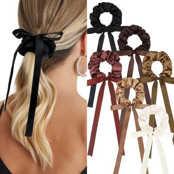Amariver 6PCS Bow Hair Scrunchies for Women Silky Satin Bow Scrunchies Soft Hair Ties for Women’s Hair Bow Ribbon Ponytail Holder Hair Bows Elastic Bulk Scrunchies Fashion Accessories for Women Girls