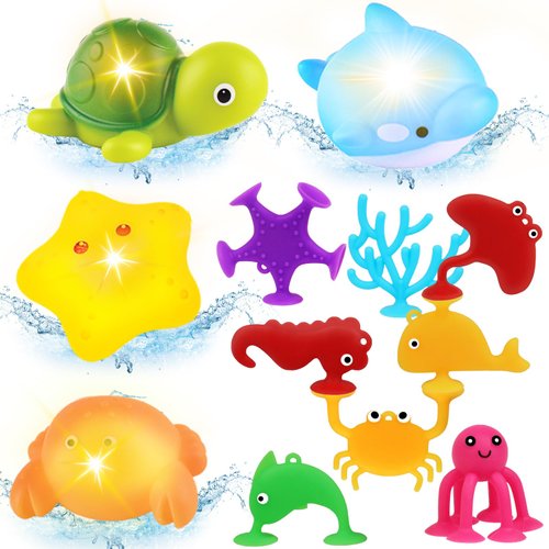 Baby Bath Toys,13 pcs Light up Bathtub Toys and Suction Cup Toys,No Hole Bath Toys for Kids Ages 1-3 2-4 4-8, 6-12 Months,Toddler Stocking Stuffers, for 1 2 3 Year Old Boys Girls
