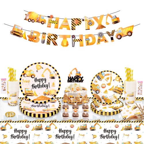 LULUETPUE Construction Birthday Party Supplies Construction Theme Party Decorations Set Include Plates, Napkins, Cups, Straws,Tablecloth for Kids Excavator Birthday Party, Serves 16 Guests
