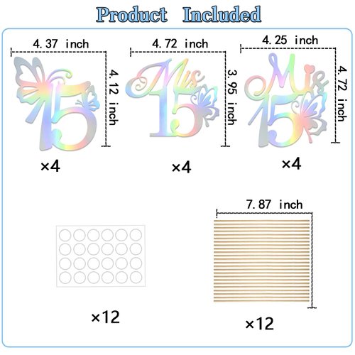 KEWUFD Mis 15 Centerpiece Sticks Happy 15th Birthday Party Decor Hello 15 Table Topper for Cheer To 15 Years Old Birthday Party Decoration Supplies 12PCS Holographic Glitter