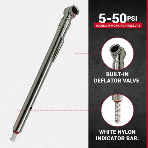 Milton S-928 Air/Water-Filled Tire Pencil Pressure Gauge, Built-in Deflator Valve, Pressure Measured in PSI & kPa, Easy to Read