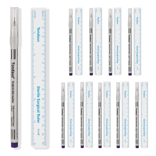 10pcs Tattoo Marker Pen, Surgical Microblading Marker Pen with Paper Ruler, Waterproof Disposable Tattoo Marker for Skin, Eyebrow, 0.5mm Head, Blue