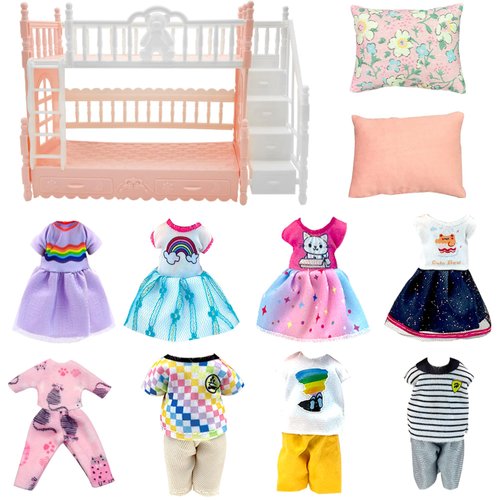 Doll Clothes and Accessories for 5.3 inch Dolls, Clothes Dress Pajamas Random in 6, Mini Supplies, Bunk Bed, Girls Granddaughter Gifts